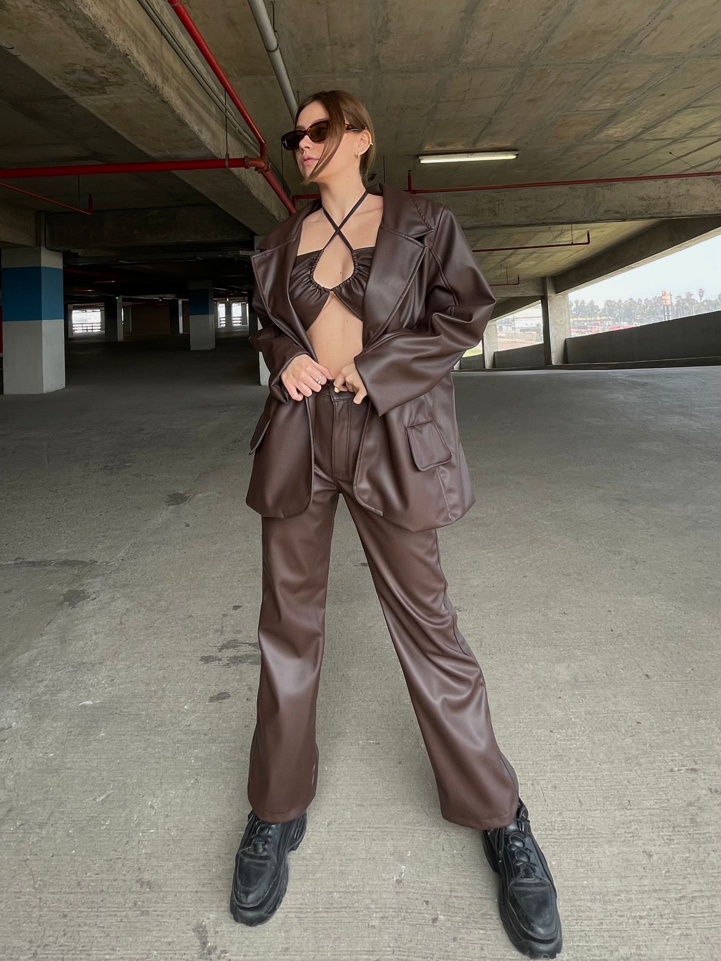 LEATHER BROWN WIDE LEG PANTS