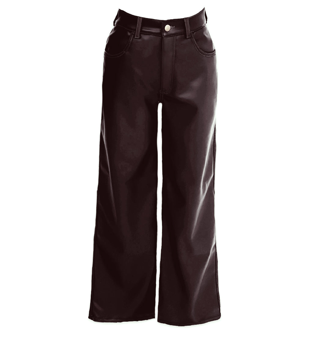 LEATHER BROWN WIDE LEG PANTS